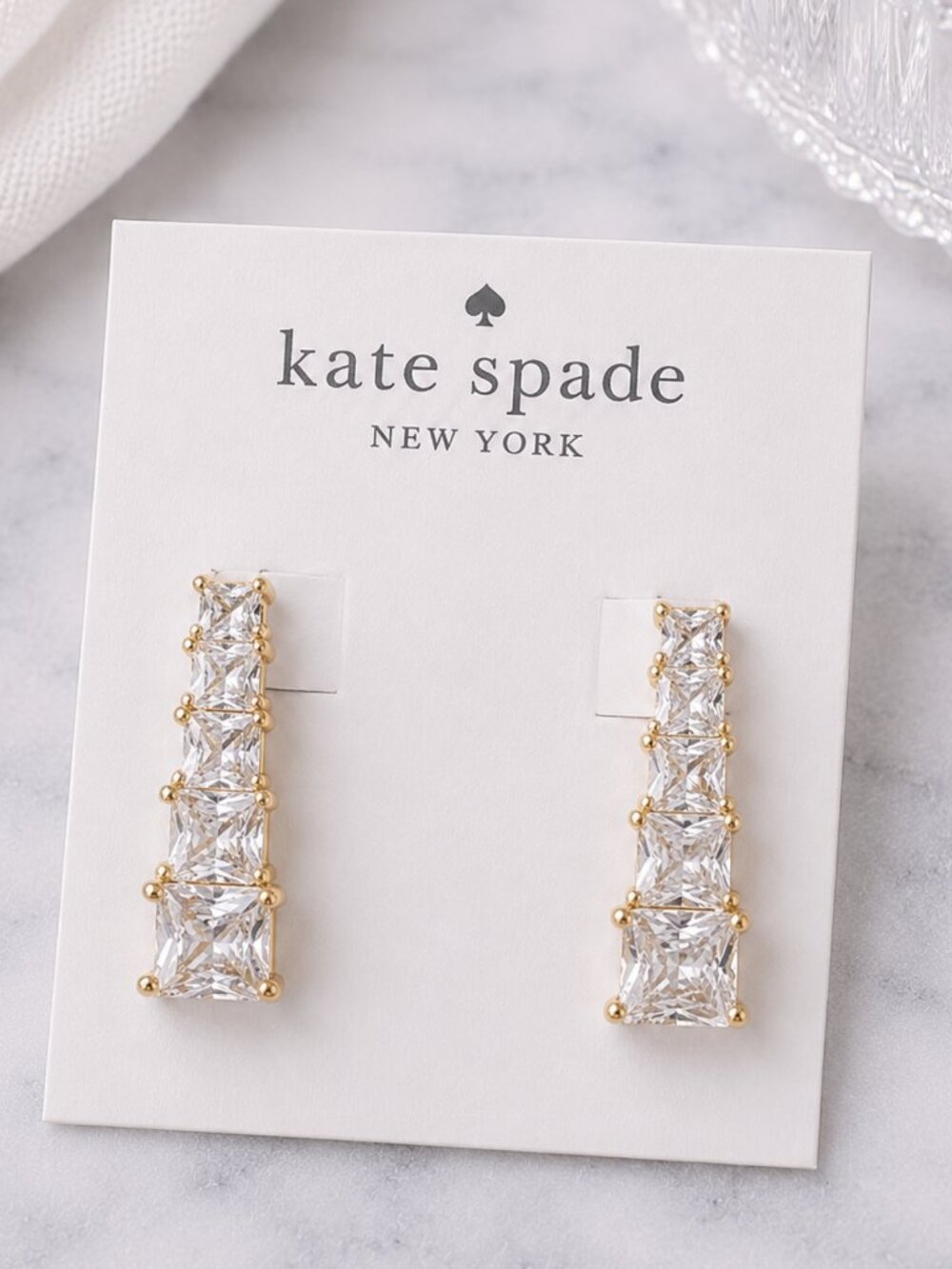 Kate Spade Princess Cut Crystal Drop Earrings Gold Statement Dangle Earrings